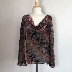 ICE Shimmery Burnout Velvet Size 10 Draped Front Sheer Y2K Blouse‎ Bell Sleeves